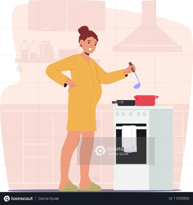 Pregnant Woman Stands By Stove Stirring Pot Of Nourishing Meal  Illustration