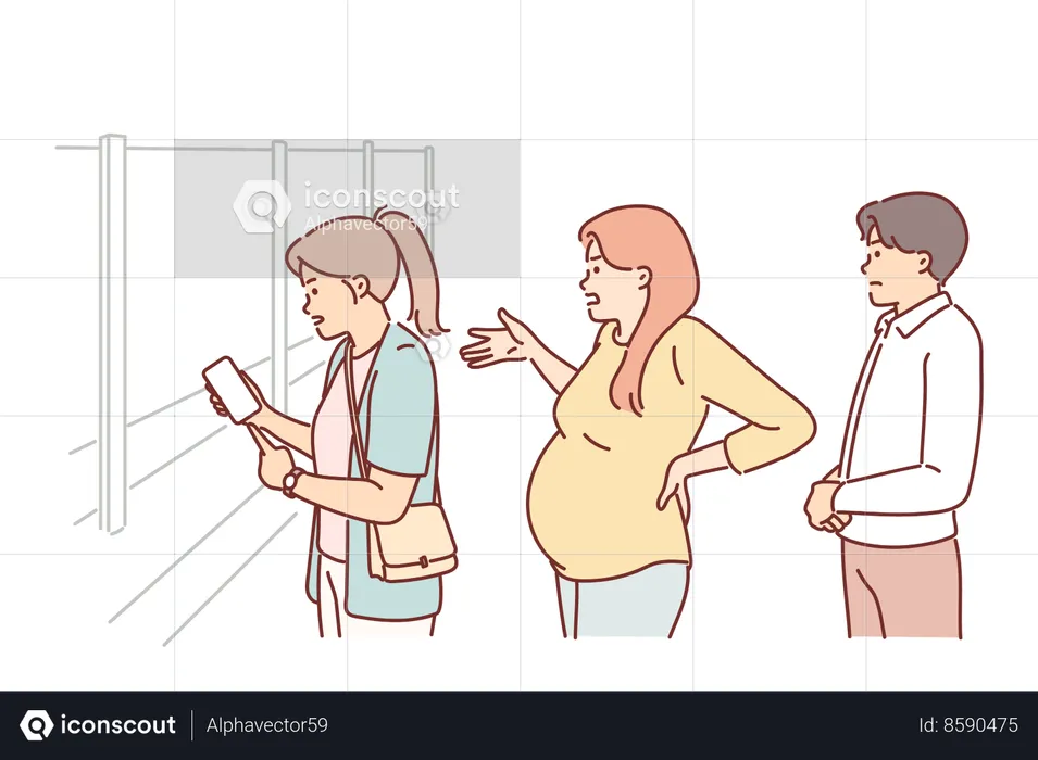 Pregnant woman stands in queues at pharmacy store  Illustration