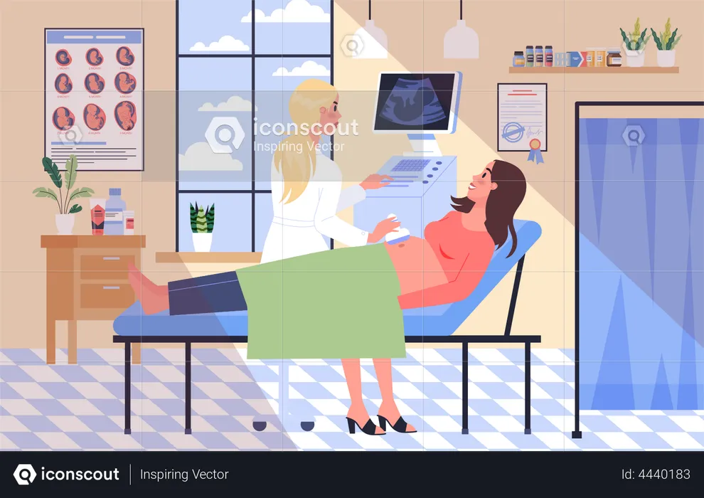 Pregnant woman visiting doctor in hospital  Illustration