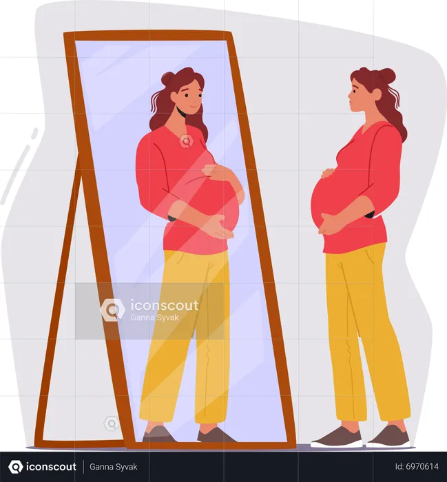 Pregnant Woman With Hands On Belly Looks At Herself In Mirror  Illustration