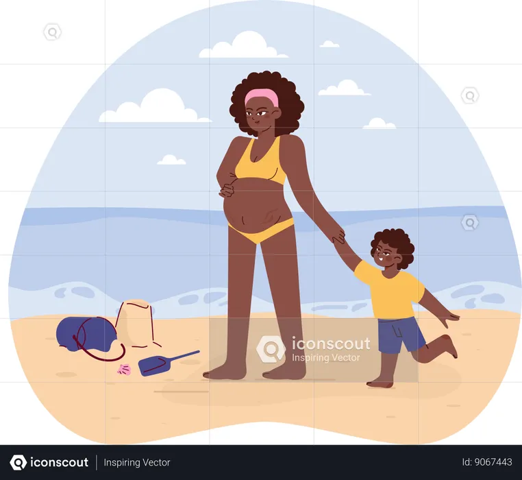 Pregnant woman with her son at beach  Illustration