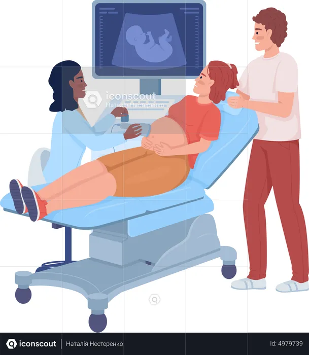 Pregnant woman with partner at sonography  Illustration