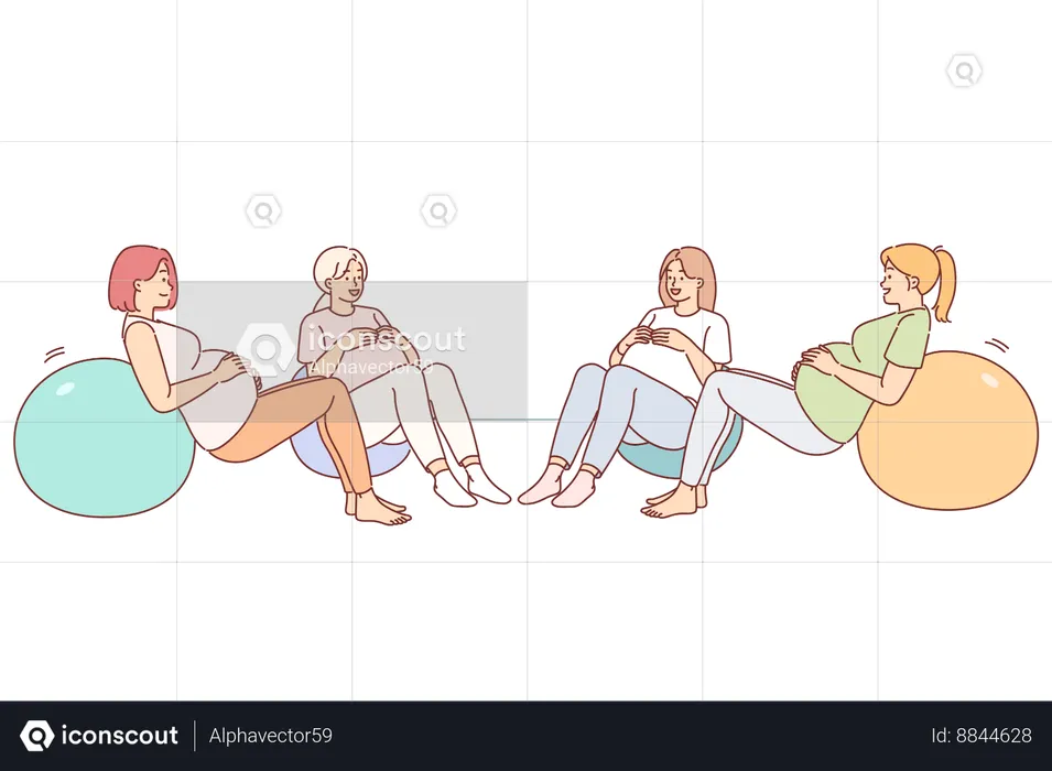 Pregnant women do fitball exercise during group classes to prepare for childbirth and improve health  Illustration