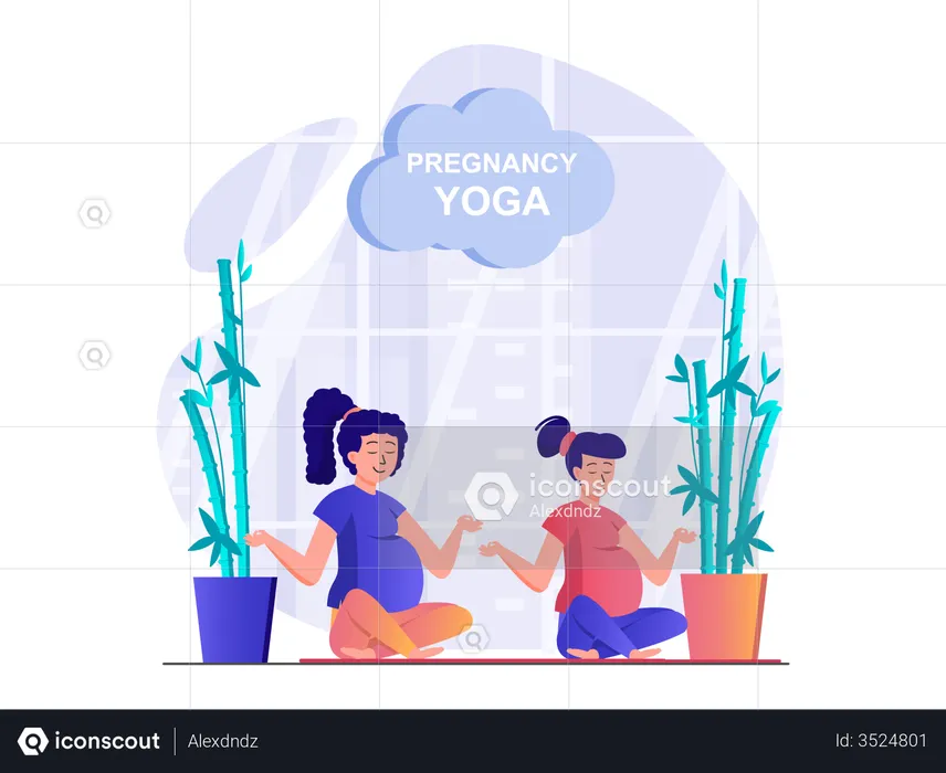 Pregnant women doing yoga and meditation  Illustration