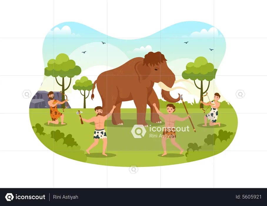 Prehistoric Stone Age Tribes Hunting Large Animal  Illustration