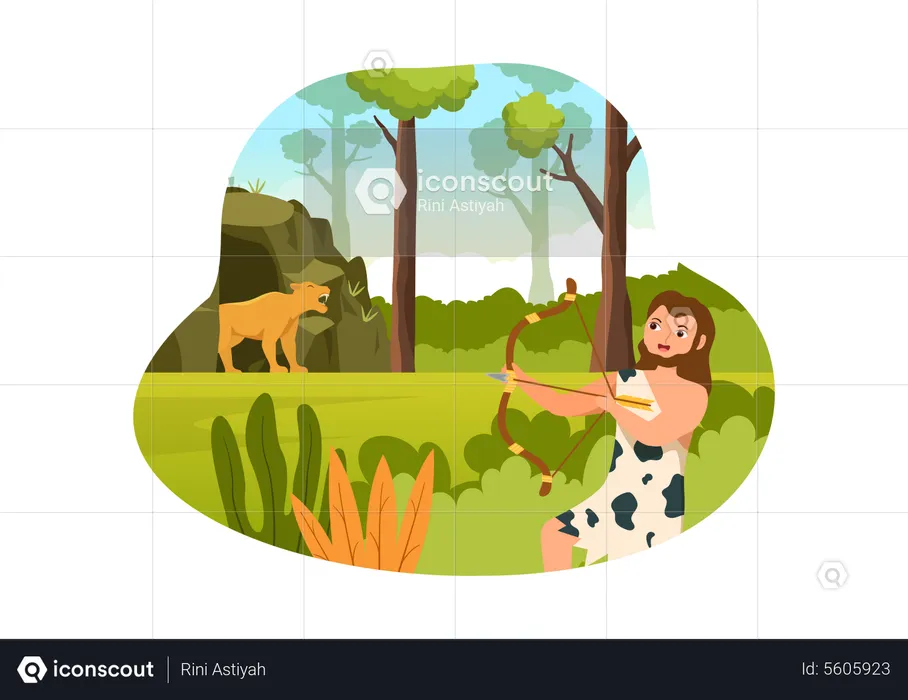 Prehistoric Stone Age woman hunting  Illustration