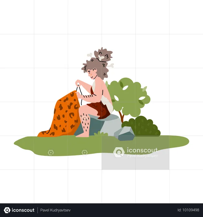 Prehistoric woman sewing animal skin  Illustration