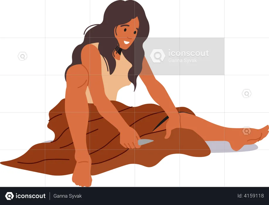 Prehistoric Woman Sitting on Ground  Illustration
