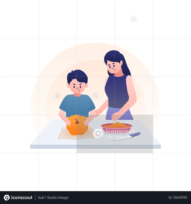 Preparing Pumpkin with Family  Illustration