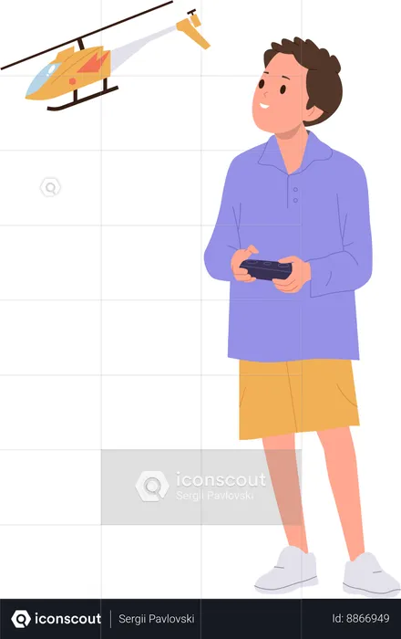 Preschool boy having fun playing remote controlled helicopter toy  Illustration