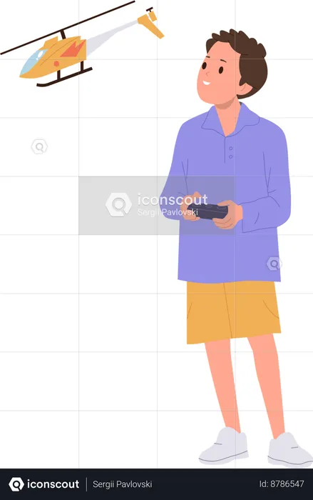 Preschool boy playing remote controlled helicopter toy  Illustration