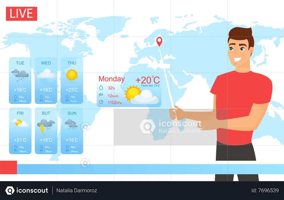 Presentador de noticias masculino dando informe meteorológico  Ilustración