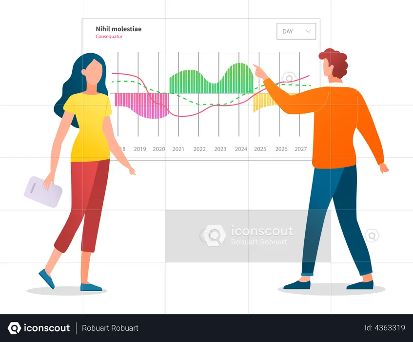 Presenters show statistical indicators and data on diagram  Illustration