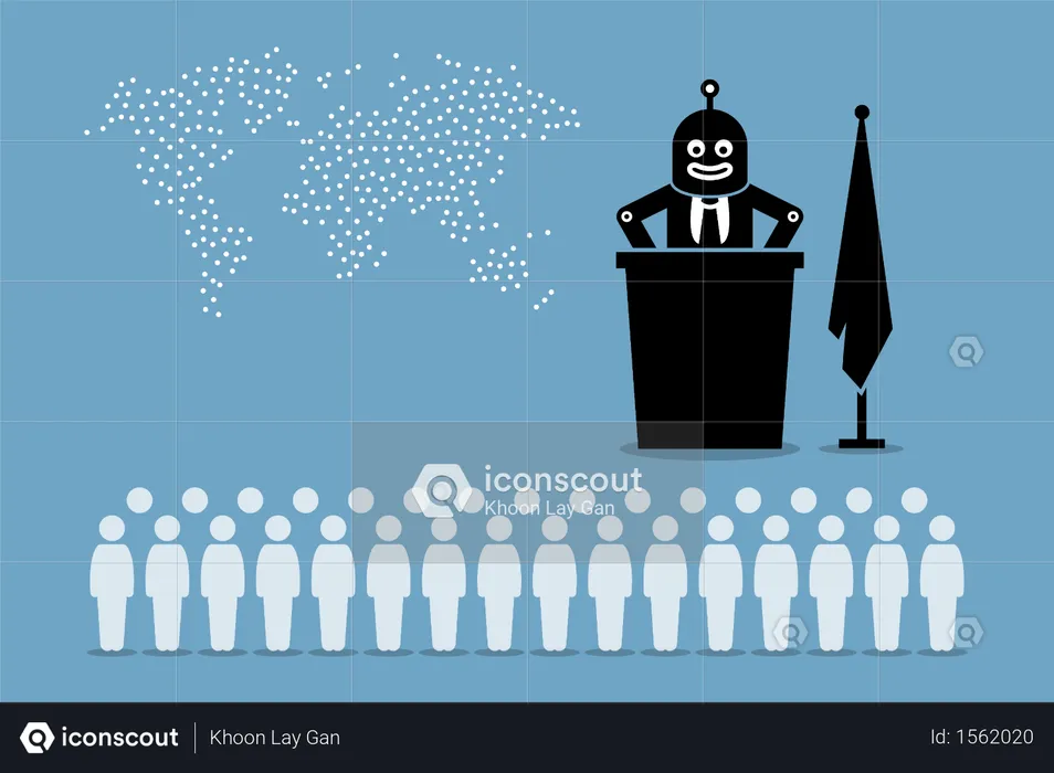 Presidente robot y gobierno inteligente artificial que controla el país y el mundo desde humanos  Ilustración