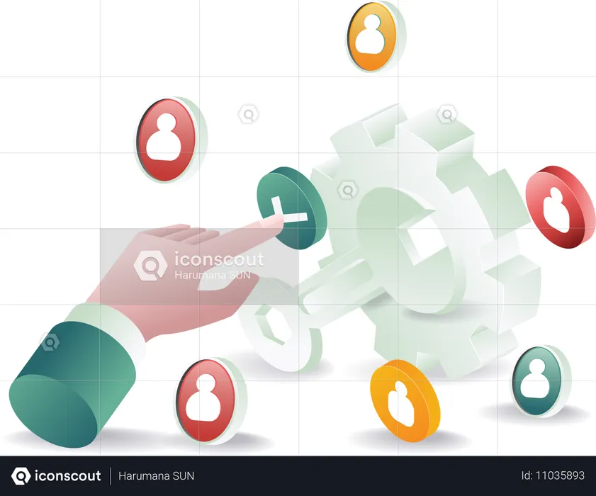 Mão pressiona botão de engrenagem de reparo  Ilustração