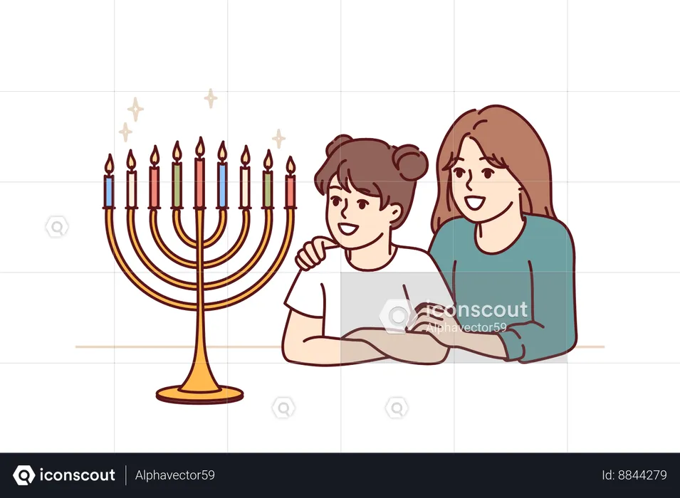 Preteen sisters look at menorah with burning candles  Illustration