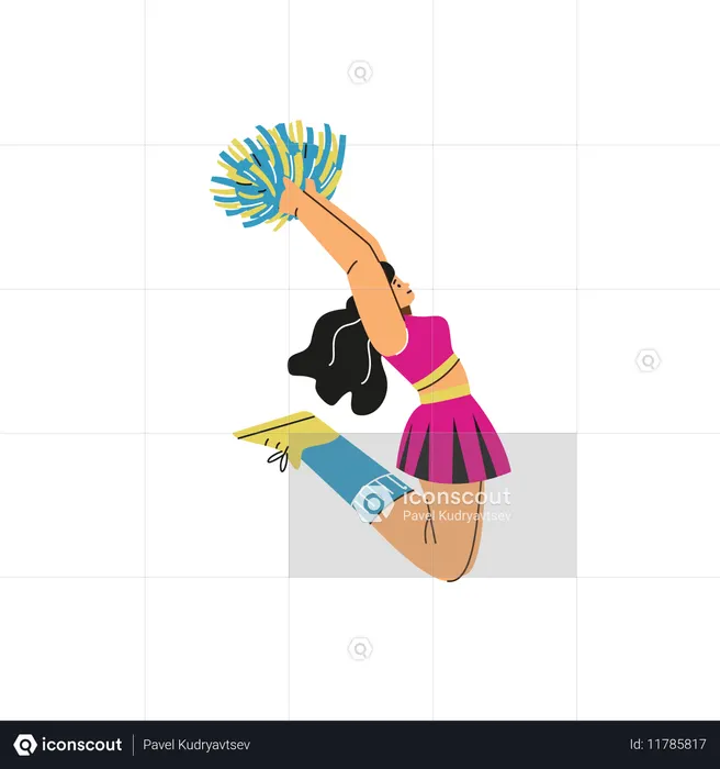 Pretty cheerleader holding pompoms and jumping high  Illustration