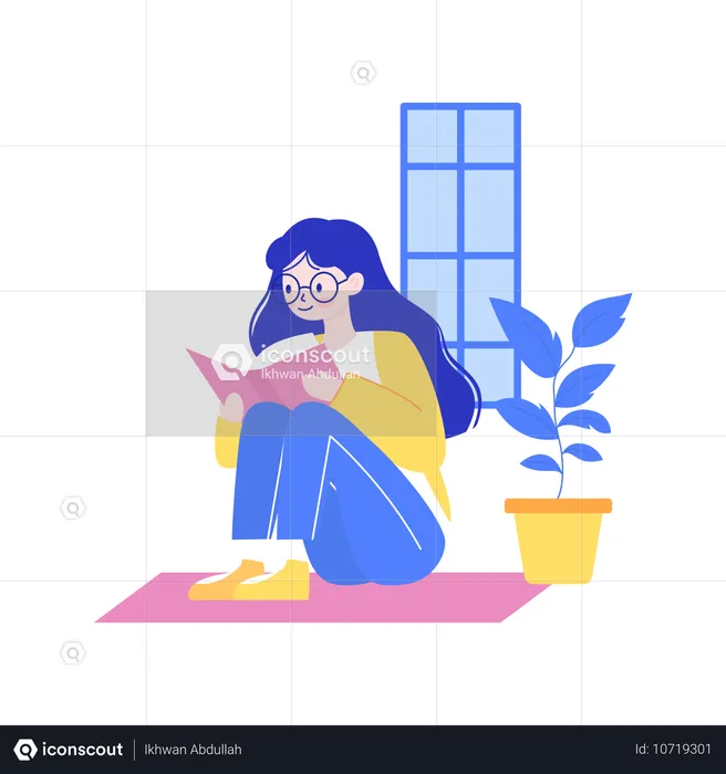 Pretty Nerd Girl Wearing Glasses Sitting Reading a Book in the Library  Illustration