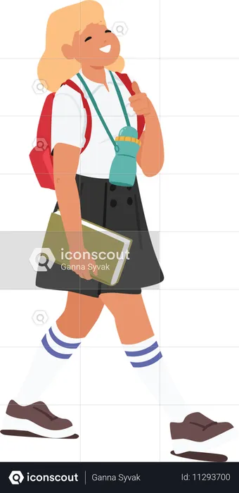 Pretty smiling elementary age girl student in school uniform going to study  Illustration