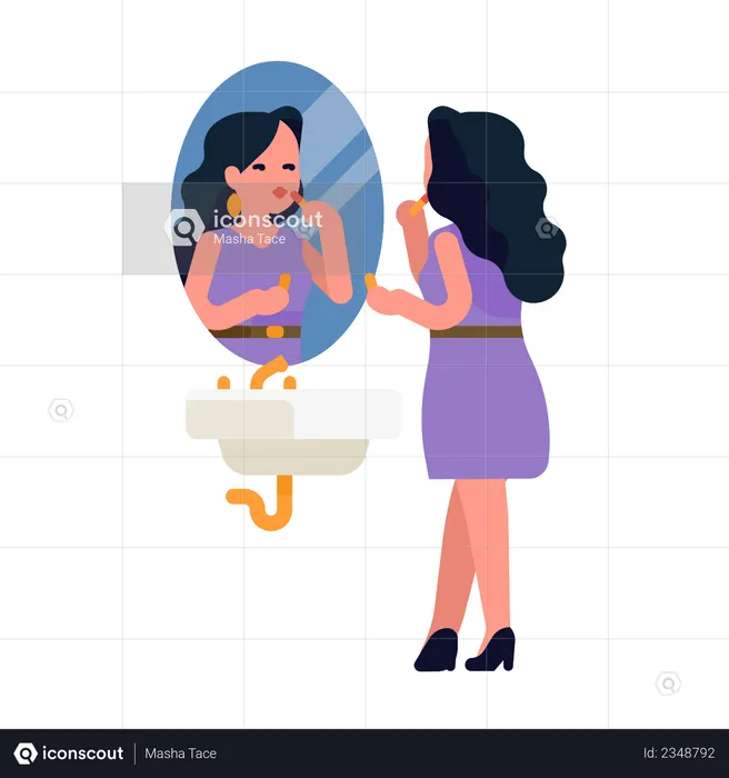 Pretty woman applying lipstick in front of a bathroom mirror  Illustration