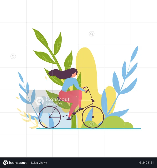 Pretty Woman Character Cycling in Park  Illustration