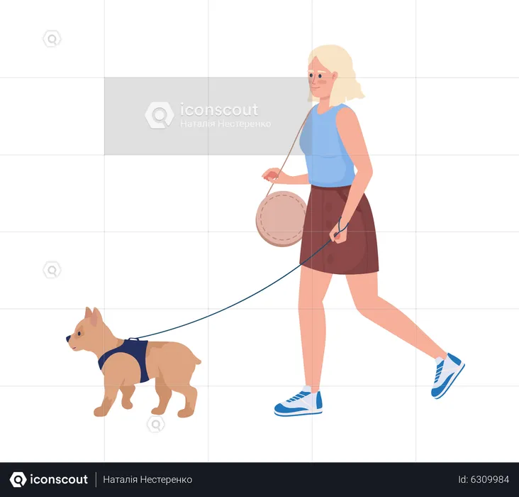 Pretty young woman strolling with small dog  Illustration