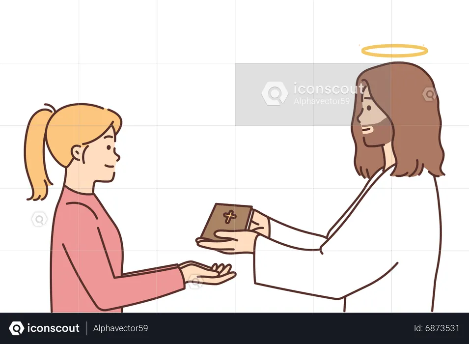 Priest giving bible to girl  Illustration