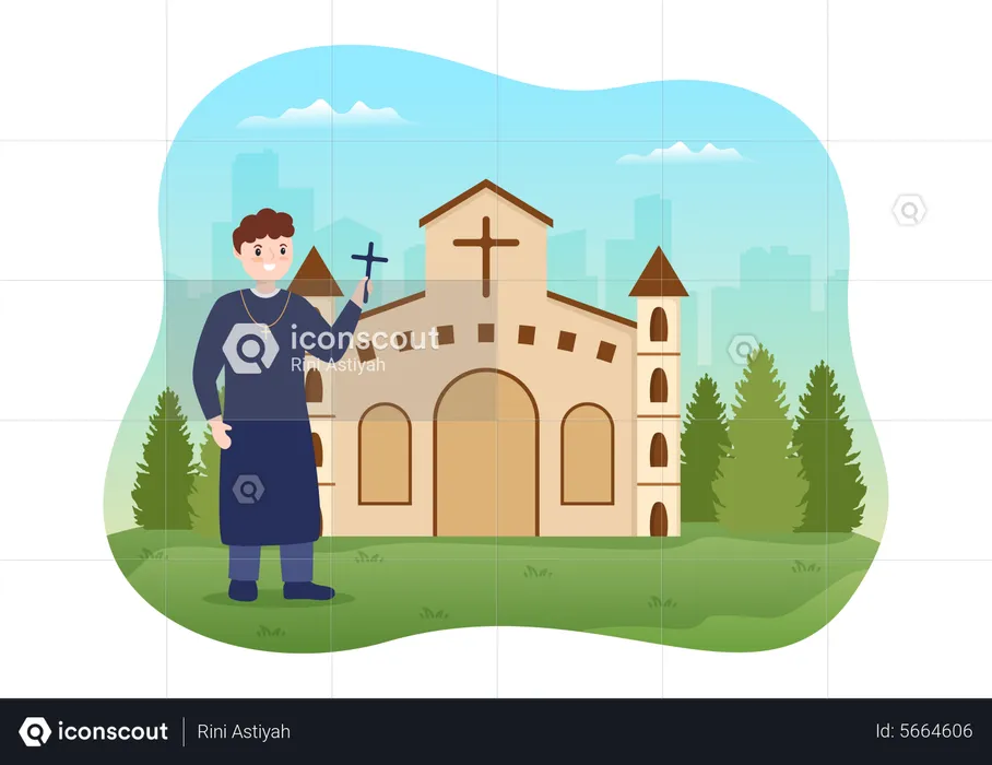 Priest standing outside church  Illustration