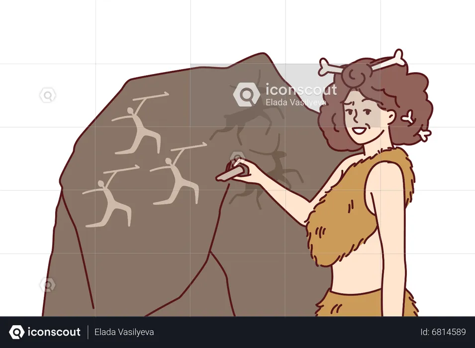 Primitive cavewoman drawing picture on stone  Illustration