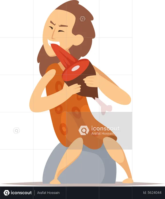 Primitive cavewoman eating raw meat  Illustration
