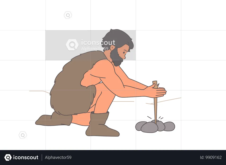 Primitive man makes fire using tree branch and stones in process of evolutionary development  Illustration