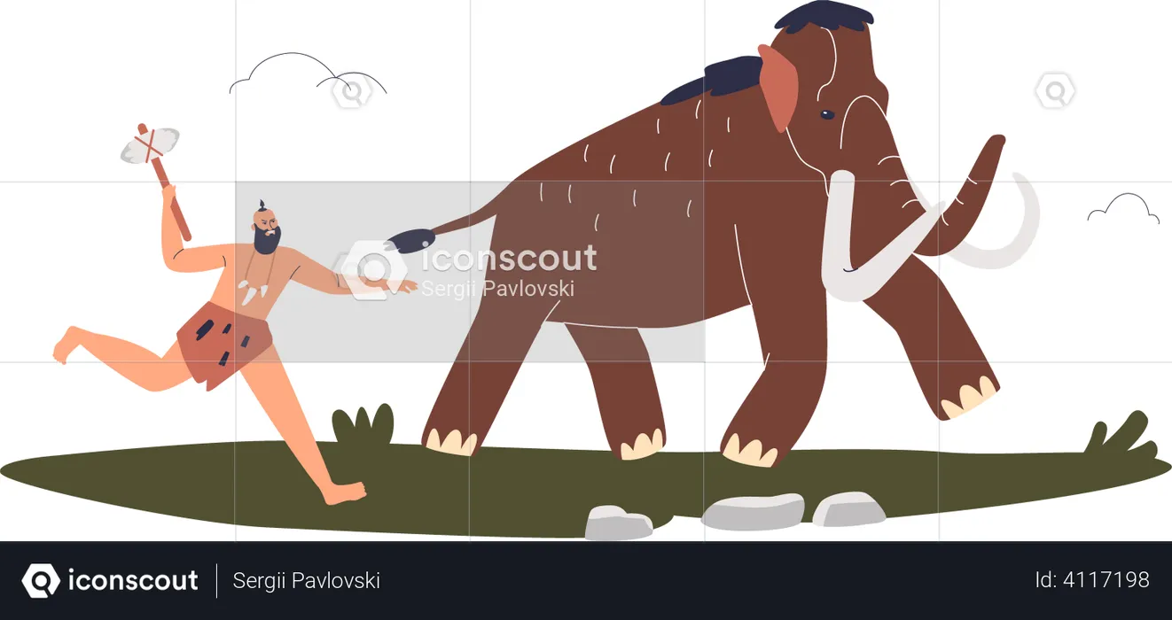 Primitive stone age man hunting mammoth  Illustration