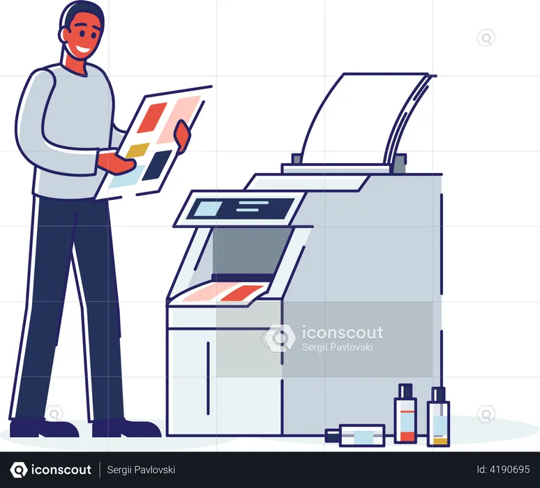 Printing house worker standing at copy machine with photocopy document  Illustration