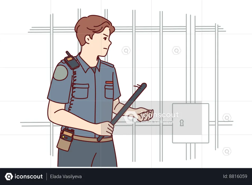 Prison guard walks near criminal cell  Illustration