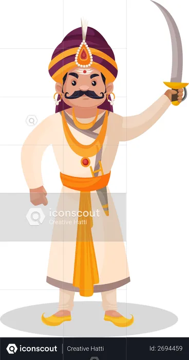 Prithviraj Chauhan hebt sein Schwert in die Luft  Illustration