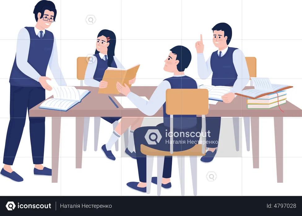 Private school students study together  Illustration