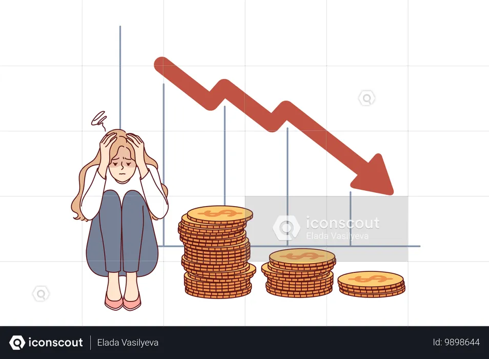 Problem of bankruptcy for girl lost savings due to financial crisis sitting near falling chart.  Illustration