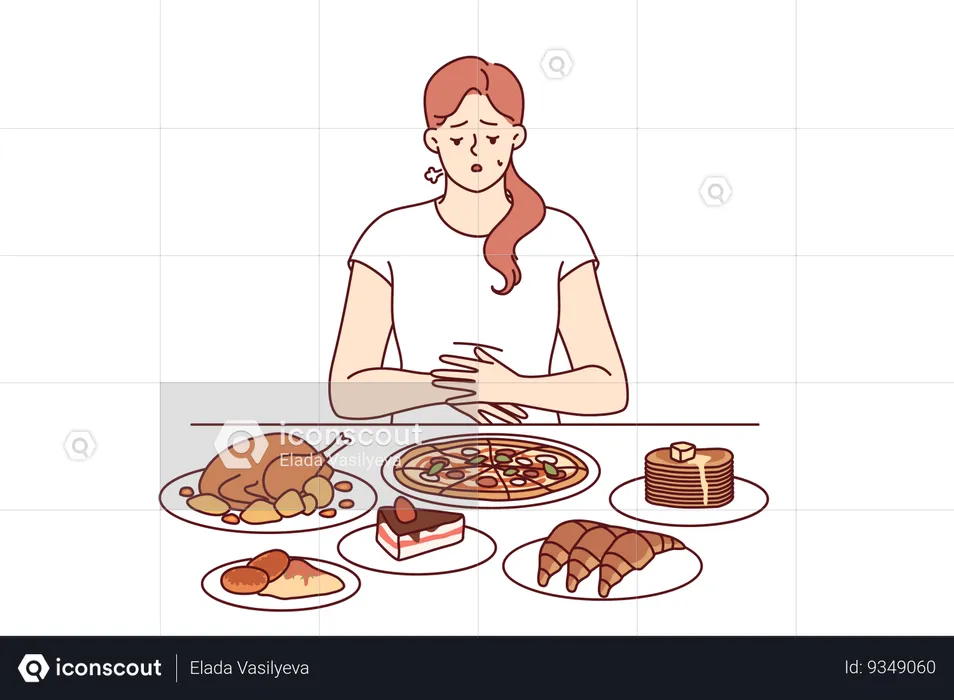 Problem of overeating in woman sitting at table with fast food and in need of balanced diet  Illustration
