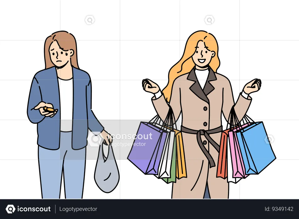 Problem of social inequality between rich woman with bags from supermarket and poor girl with coins  Illustration