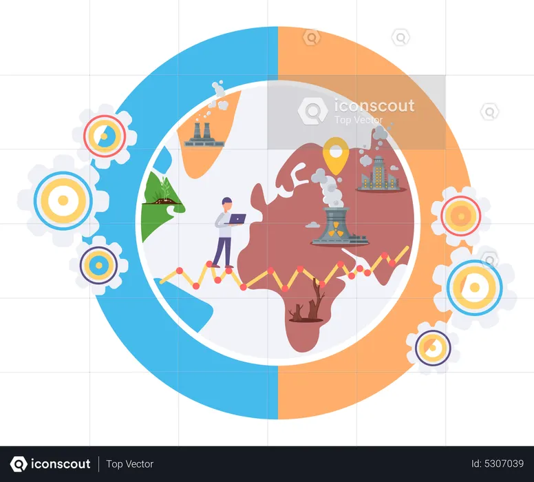 Problema de poluição global. Influência de fábricas em todo o mundo. Impacto da atividade humana  Ilustração