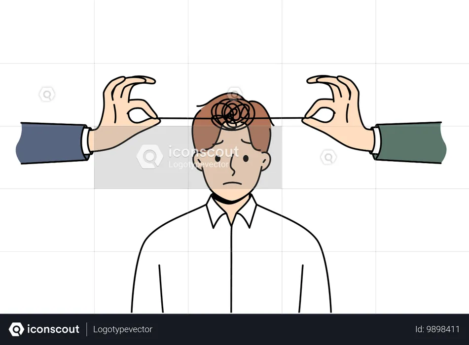 Problems with psychological health in man with tangled threads on head and hands of friends  Illustration