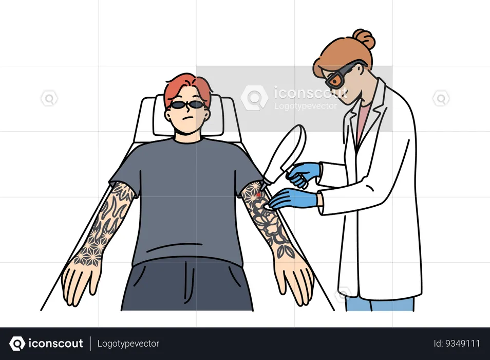 Procedure for laser tattoo removal from guy arms with professional woman doctor  Illustration