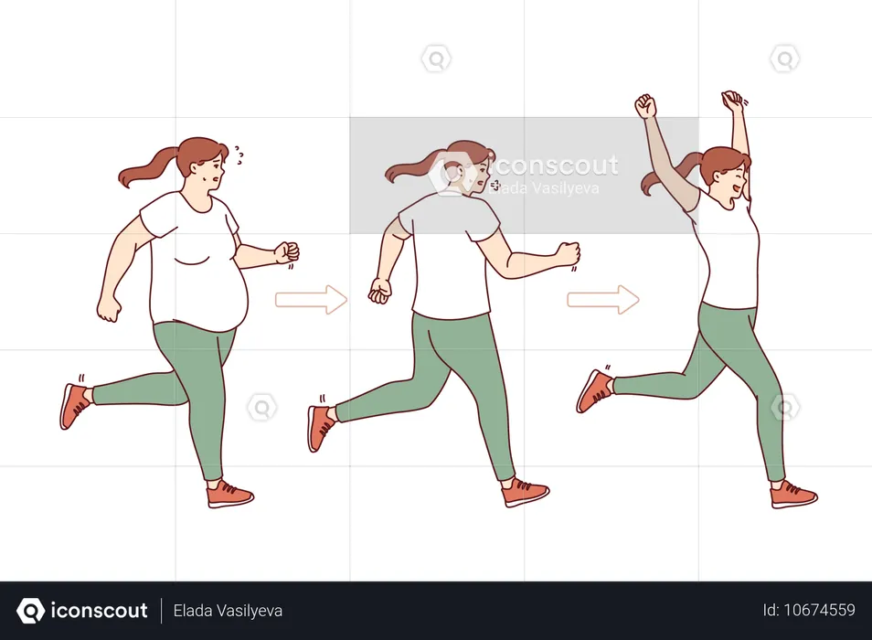 Proceso de adelgazamiento de mujer gorda corriendo y consiguiendo una bella figura esbelta gracias al entrenamiento  Ilustración