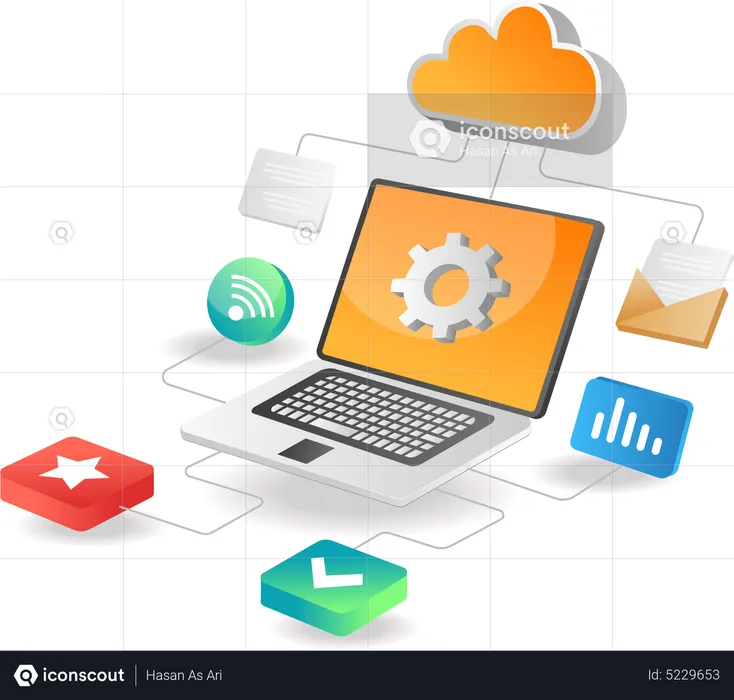 Proceso de trabajo de la red de datos del servidor en la nube  Ilustración