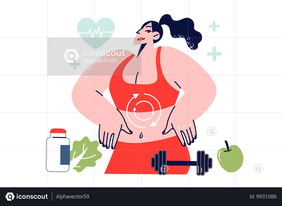 Proceso de metabolismo en el cuerpo de una mujer haciendo ejercicio y comiendo frutas y vitaminas para bajar de peso.  Ilustración