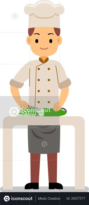Processo de cozimento - chef cortando legumes na mesa para cozinhar  Ilustração