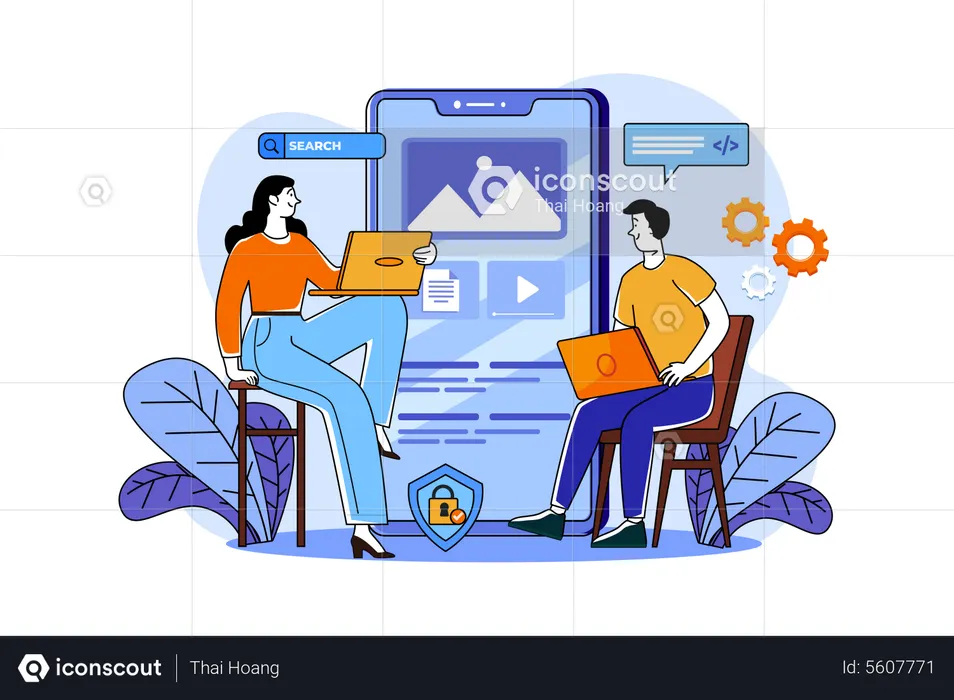 Product Team Programming Mobile App With Laptop  Illustration