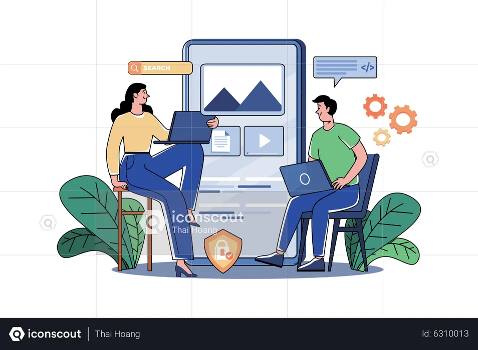 Product Team Programming Mobile App With Laptop  Illustration