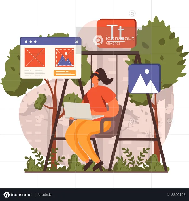 Freelancer trabajando en el diseño de un sitio web en el parque  Ilustración