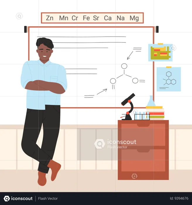 Profesor de química enseñando fórmulas químicas a bordo  Ilustración